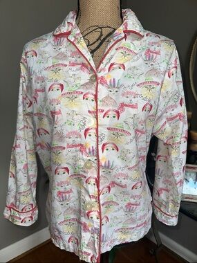 The Cats pajamas Cat Print White and Red Pajama Top
